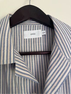 Onia Blue & Cream Striped Short Sleeve Button-Up Shirt Cotton Summer Attire Med